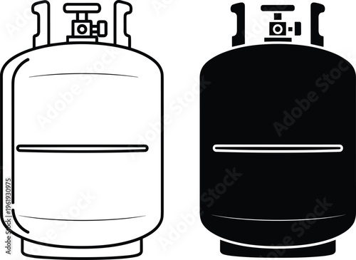 Propane gas cylinder illustration set, two styles showing detailed outline and silhouette versions with valve and collar features - flat vector illustration