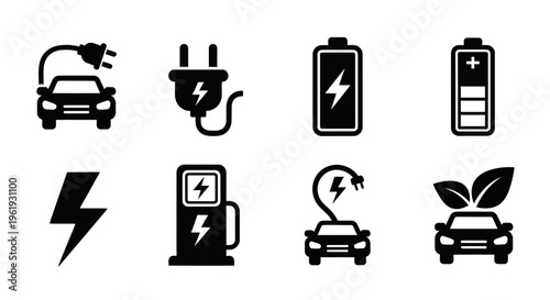 Electric Car Icons: Charging, Battery, Eco-Friendly Symbols & More