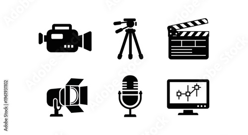 Video Production Icons: Camera, Tripod, Clapperboard, Spotlight, Microphone, Monitor