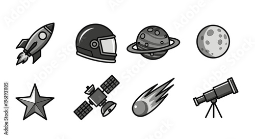 Space Icons Rocket Astronaut Helmet Planet Moon Satellite Meteor Telescope Star
