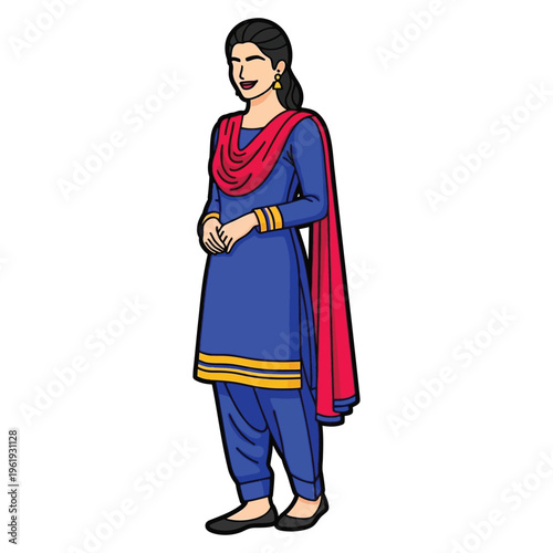 Smiling woman wearing blue and yellow shalwar kameez with red dupatta