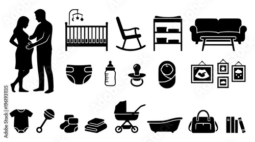 Expectant parents prepare for baby with essential items illustration