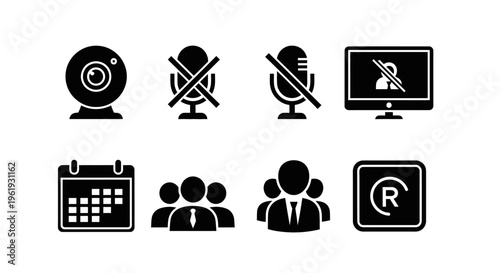 Video Conferencing Icons: Webcam, Muted Microphone, Screen Share, Calendar, Team, and Copyright Symbols