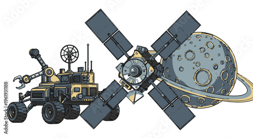 Space Rover Satellite and Planet Ringed with Craters