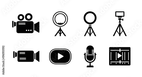 Video Production Icons: Camera, Ring Light, Tripod, Microphone, Play Button, Video Player