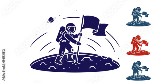 Astronaut Plants Flag on Moon with Saturn in Background