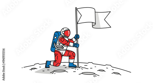 Astronaut Plants Flag on the Moon Surface with Craters