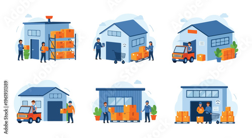 Illustrations of a warehouse logistics system with workers and various industrial scenes, including loading and unloading operations with trucks and pallets in a flat design style with blue
