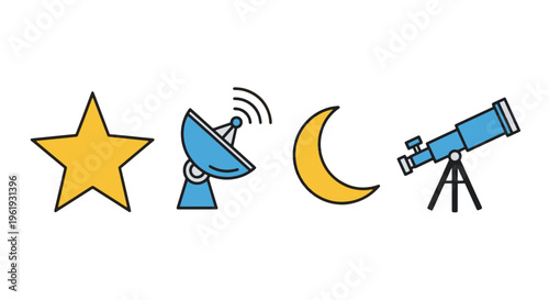 Bild auf Leinwand Astronomy Icons Star Satellite Dish Moon and Telescope Line Art Style