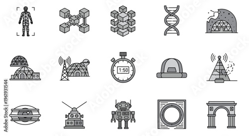 Digital Icon Set Representing Technology Science and Futuristic Concepts