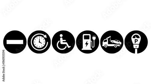 Vector graphic illustration of six parking and traffic signs