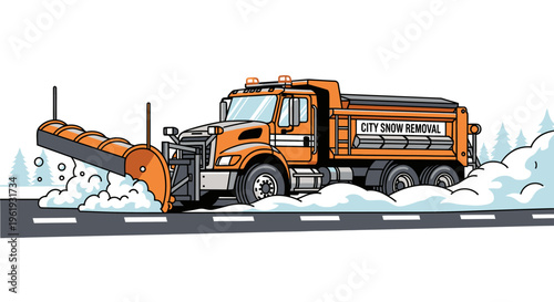 Large orange snowplow truck clearing road.