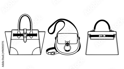 Three stylish handbags in a row for fashion illustration