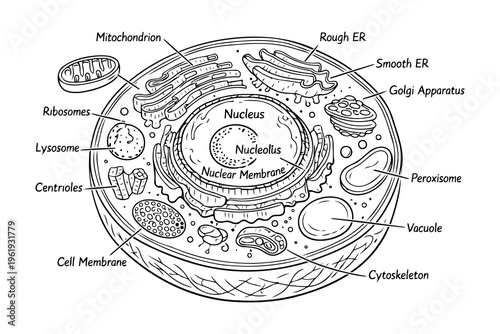 A detailed scientific diagram illustrating the complex internal structures of a eukaryotic cell Vector