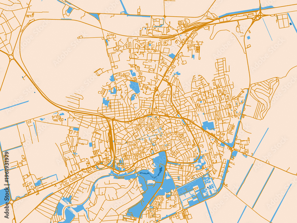 Fototapeta premium Urban map poster of BUL, Dobrich with warm neutral map design featuring golden roads, pale cream land and bright blue water accents