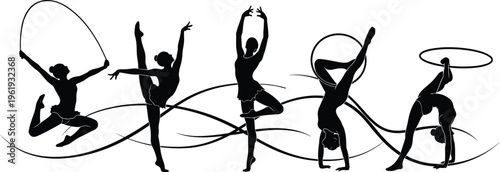 Rhythmic gymnast silhouette vector illustration, sports icon design, athletic performance artwork, dance movement concept, fitness flexibility artwork - flat vector illustration