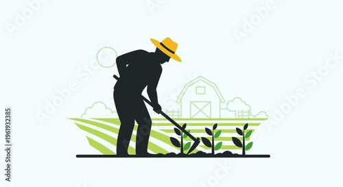 Man in hat working in garden.