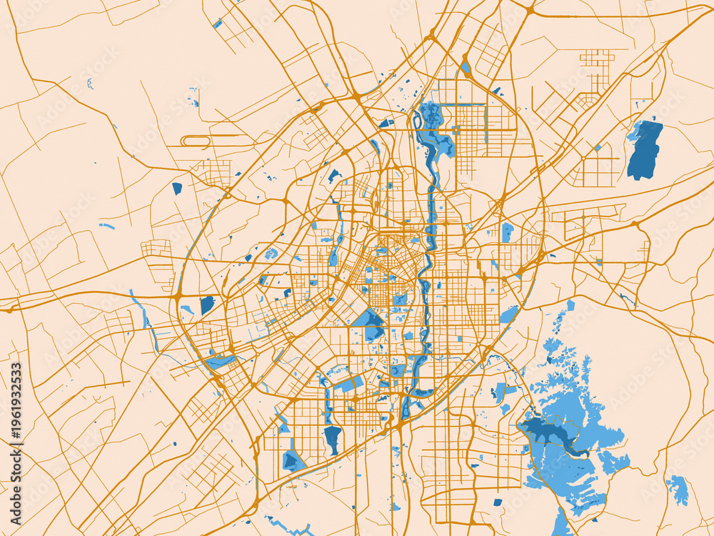 Naklejka premium City map of Changchun, China — soft ivory map base with ochre-gold streets and clear blue water shapes for crisp contrast