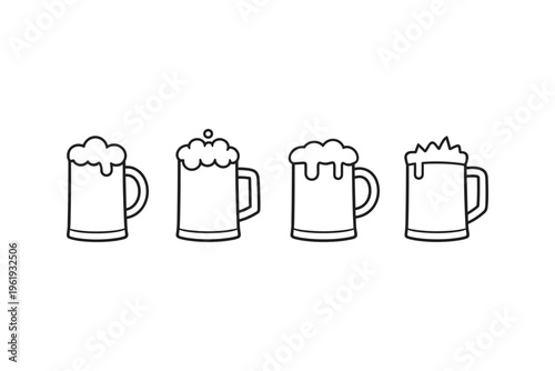 Collection of four stylized beer mugs with frothy heads, presented in a simple line art style