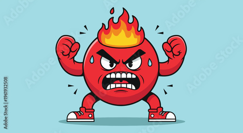 Angry Red Ball Character with Flames on Head.