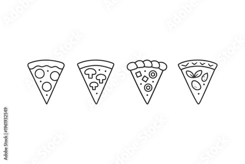 Collection of four simple line art pizza slices with different toppings