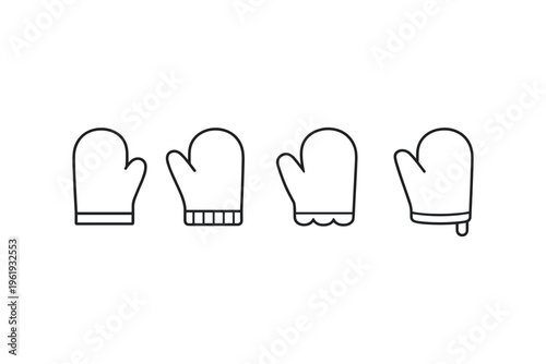 Collection of four different oven mitts and winter gloves icons in a line