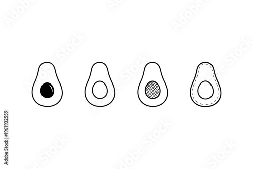 Collection of stylized avocado halves with different internal designs and outlines