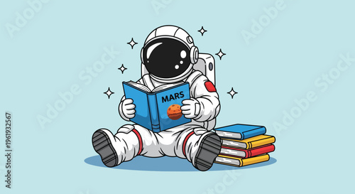 Astronaut reading a book about Mars in space.