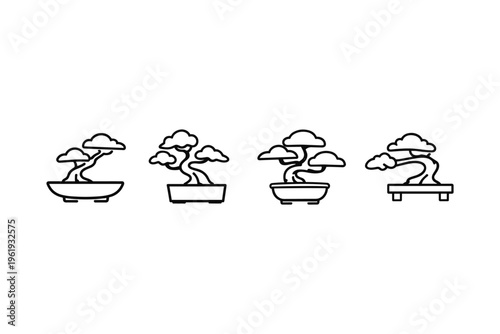 Collection of four stylized bonsai trees in simple line art style