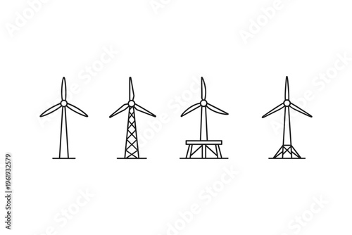 Set of four different wind turbine icons in a simple line art style