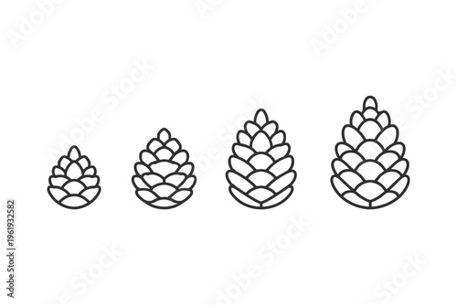 Four pine cones in increasing size, simple line art illustration