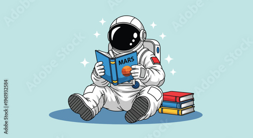 Astronaut reading a book about Mars in space 1.