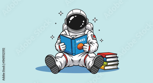 Astronaut Reading Book About Mars in Space.