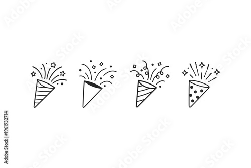 Set of four hand-drawn party poppers exploding with confetti and stars