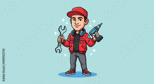 Cartoon Mechanic Holding Tools and Drill.