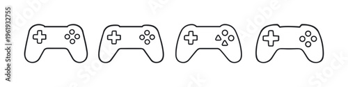 Collection of four video game controller icons in a line, simple outline design