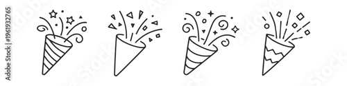 Set of four festive party popper icons exploding with confetti and stars