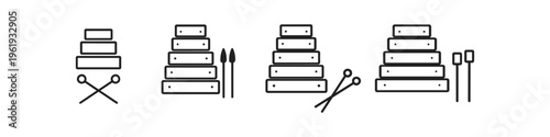 Set of simple line art xylophones with mallets in various arrangements