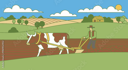 Man plowing field with brown cow.