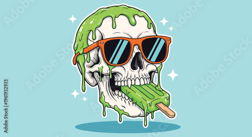 Cool Skull Wearing Sunglasses Eating Popsicle Illustration.