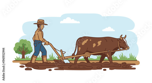 Man plowing field with brown cow 3.