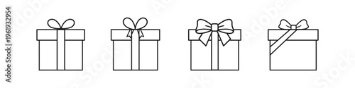 Collection of simple line art gift boxes with bows for celebrations and holidays