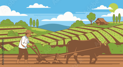 Man plowing field with brown oxen 3.