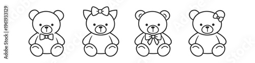 Cute teddy bear icons with bows, simple line art for children's designs