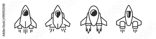 Collection of four stylized rocket ship icons launching with exhaust flames