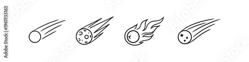 Collection of simple line art icons depicting comets in various styles