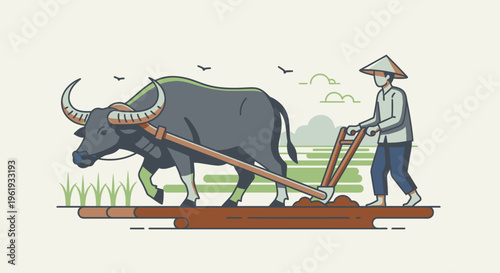 Man plowing field with oxen slowly.
