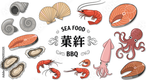 Seafood BBQ illustration with shrimp, squid, octopus, oysters, clams, scallops, salmon steaks, and decorative typography, flat vector illustration