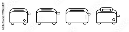 Collection of four simple line art toasters in a row on white background
