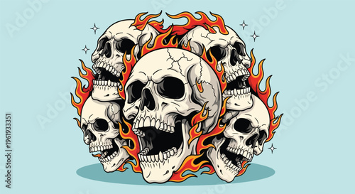Flames engulf a cluster of five detailed human skulls.